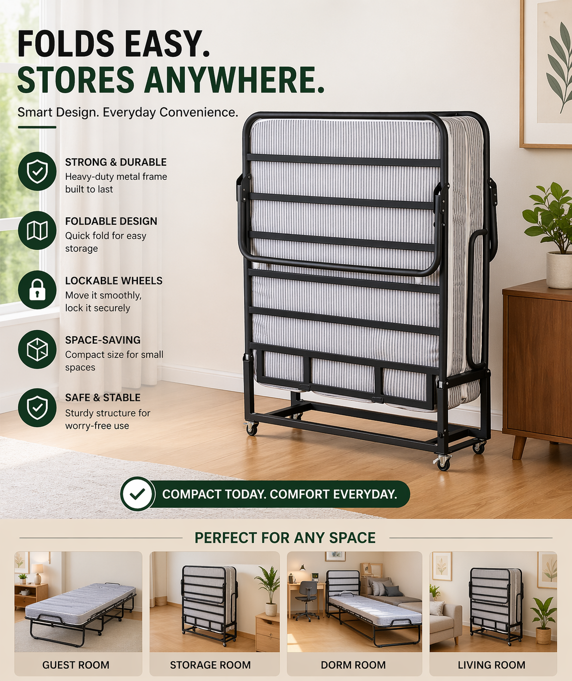 GlideRest Rollaway Foldable Bed 6.5ft x 3ft  with 6 Inch Mattress | Foldura