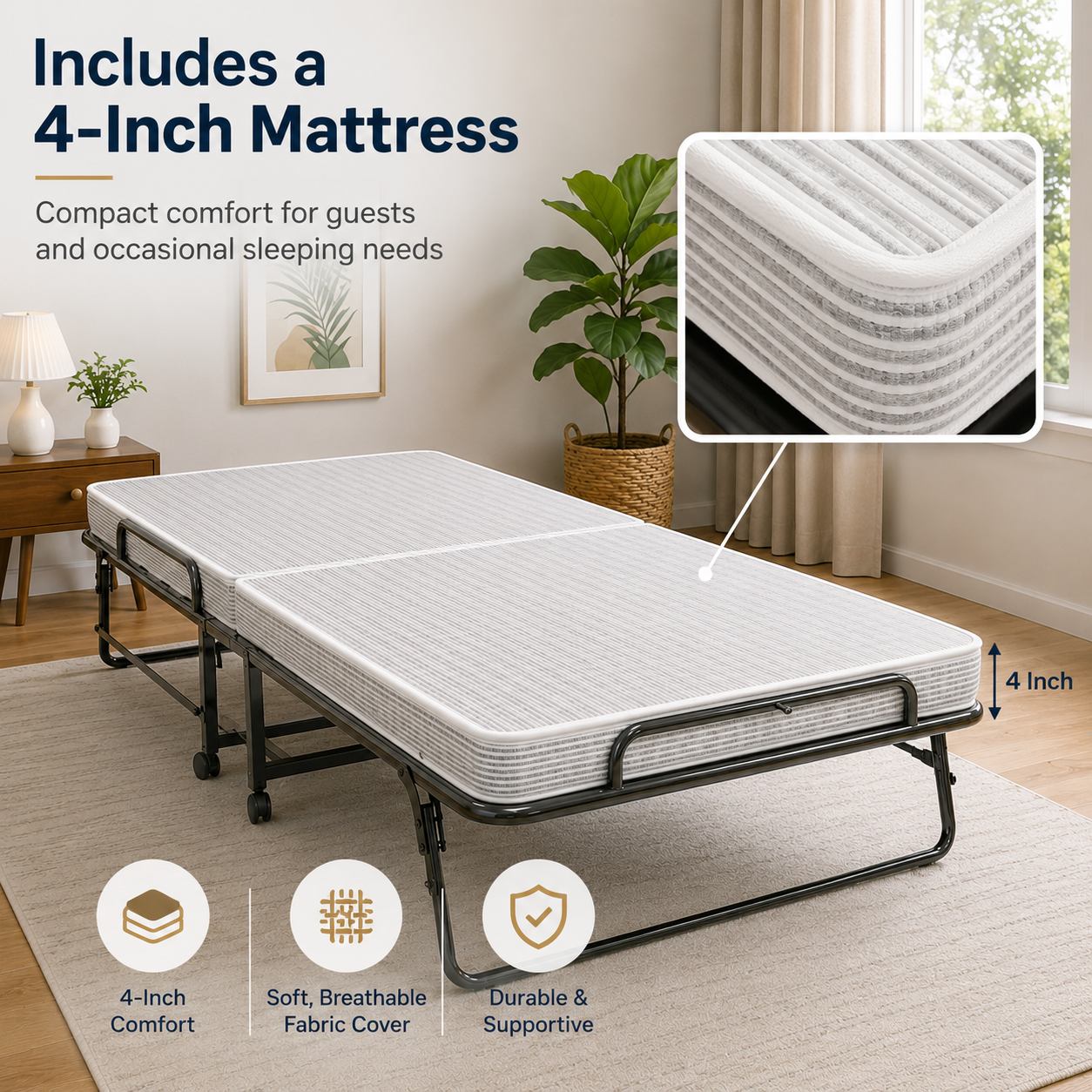 GlideRest Rollaway Foldable Bed 6.5ft x 3ft  with 4 Inch Mattress | Foldura