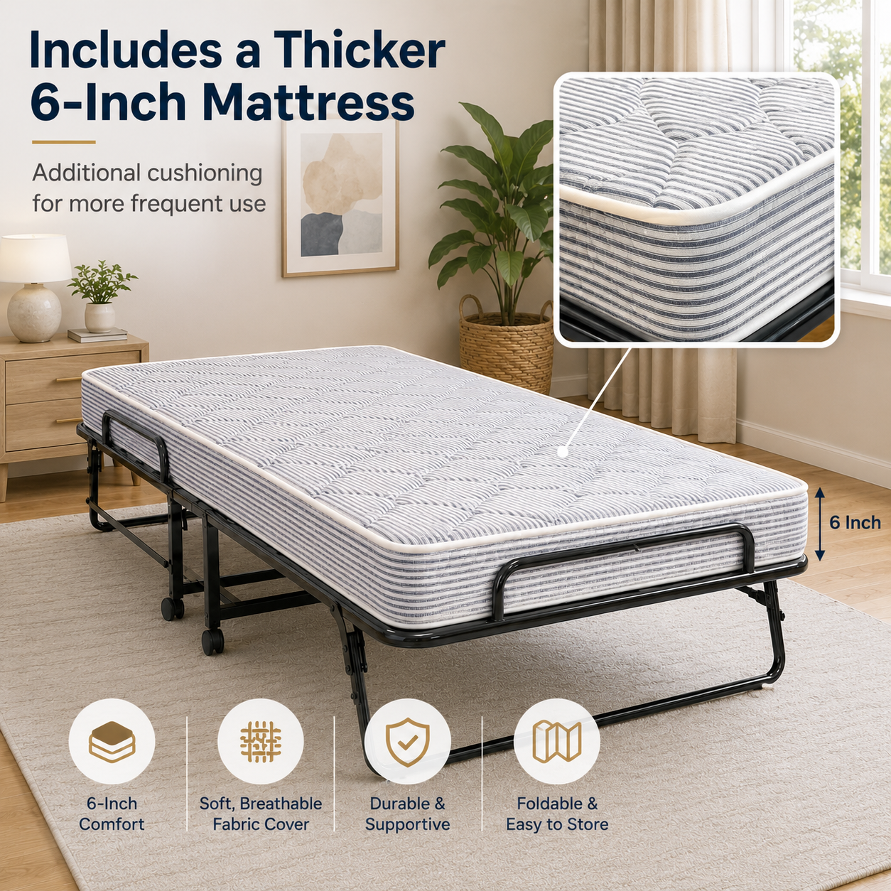 GlideRest Rollaway Foldable Bed 6.5ft x 3ft  with 6 Inch Mattress | Foldura