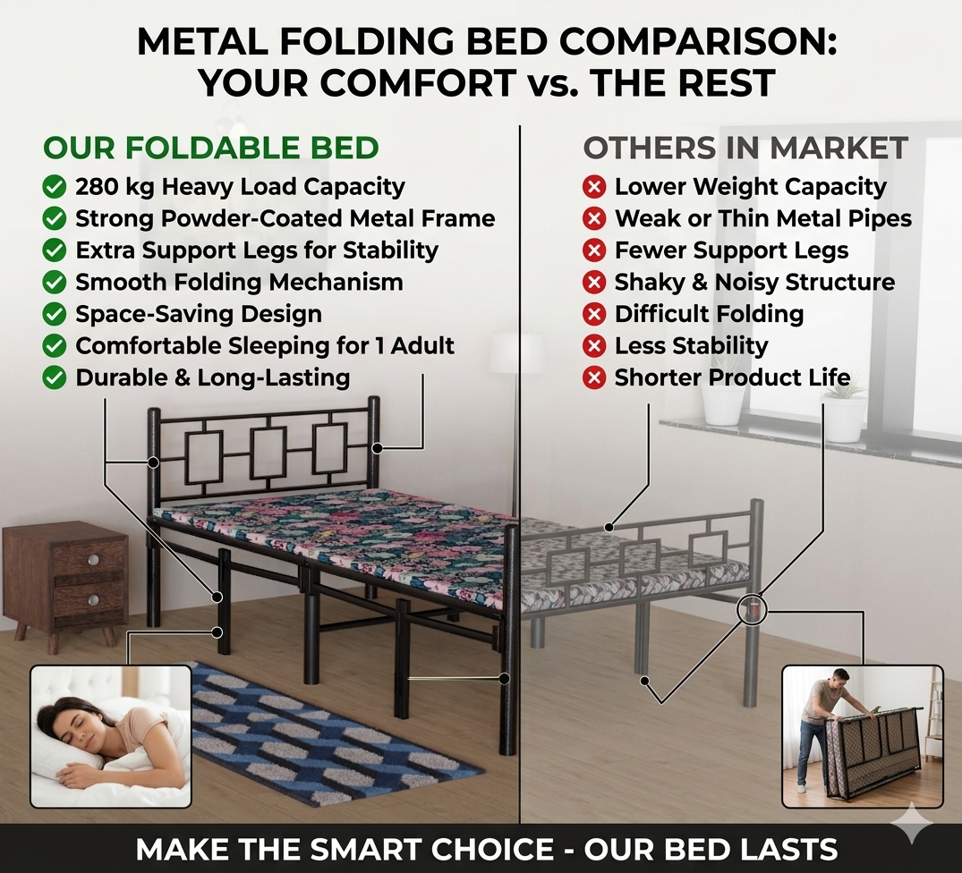Foldable Single Bed with Mattress 6x3ft Modern Style | Foldura
