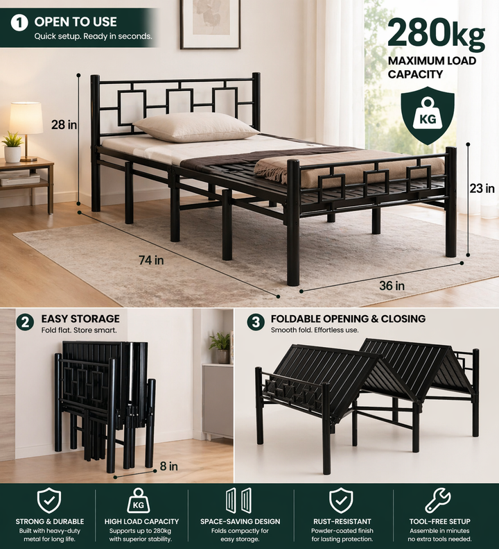 Foldura Furniture Mordern Single Folding Bed without Mattress (6ft by 3ft)