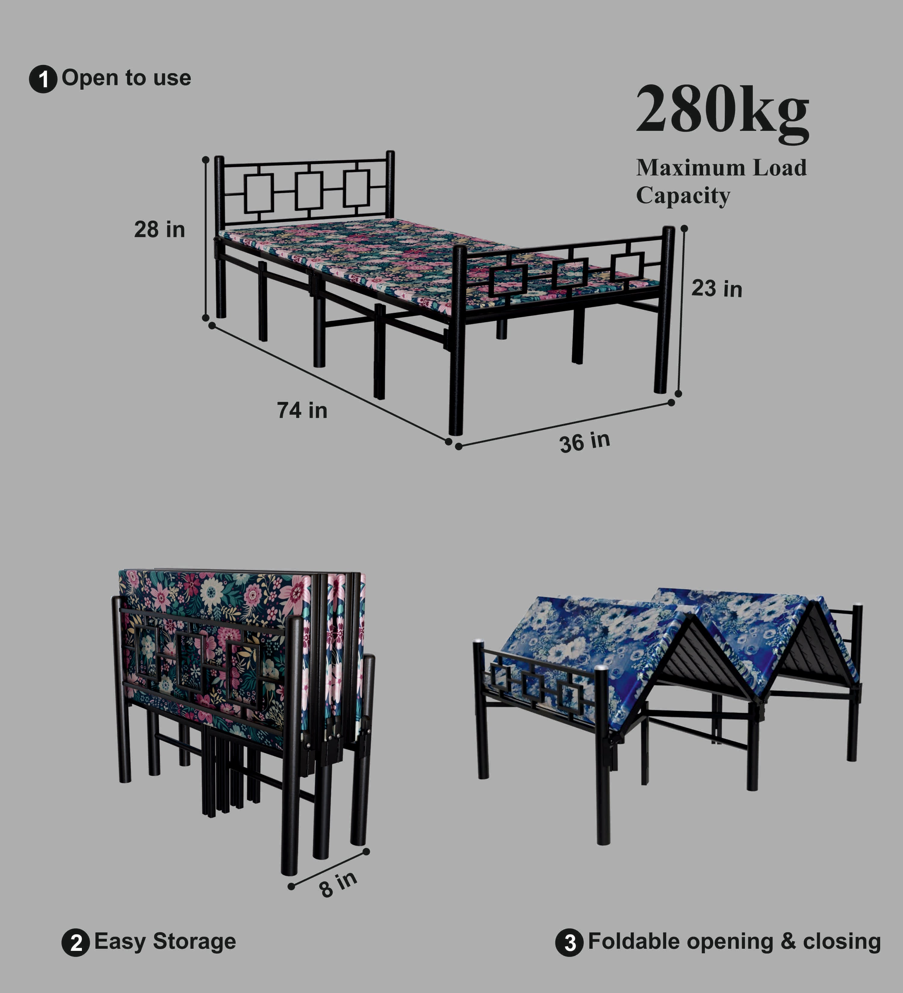 Modern Style Single Foldable Bed with Black Color Mattress | Foldura