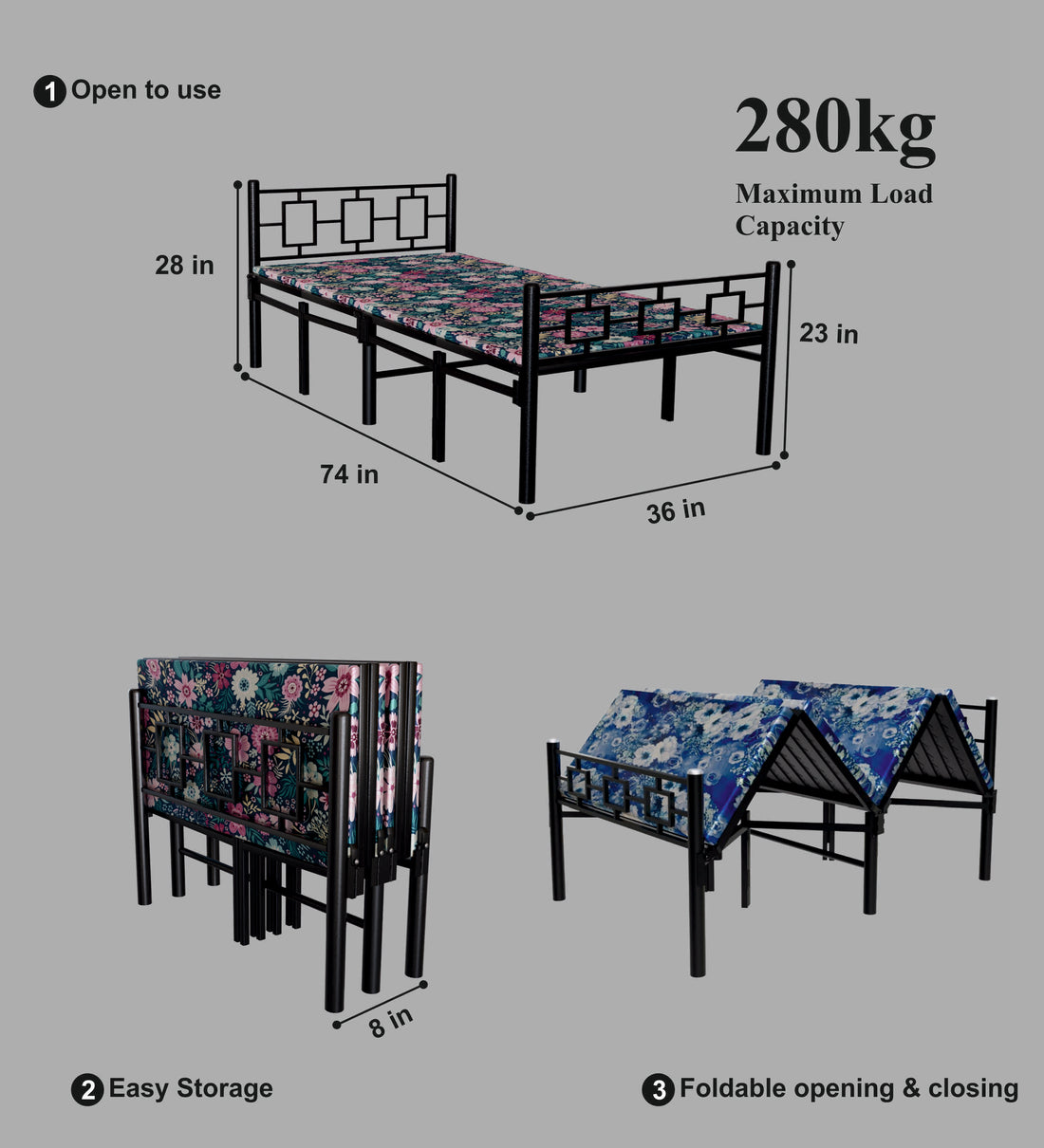 Modern Style Single Foldable Bed with Black Color Mattress | Foldura