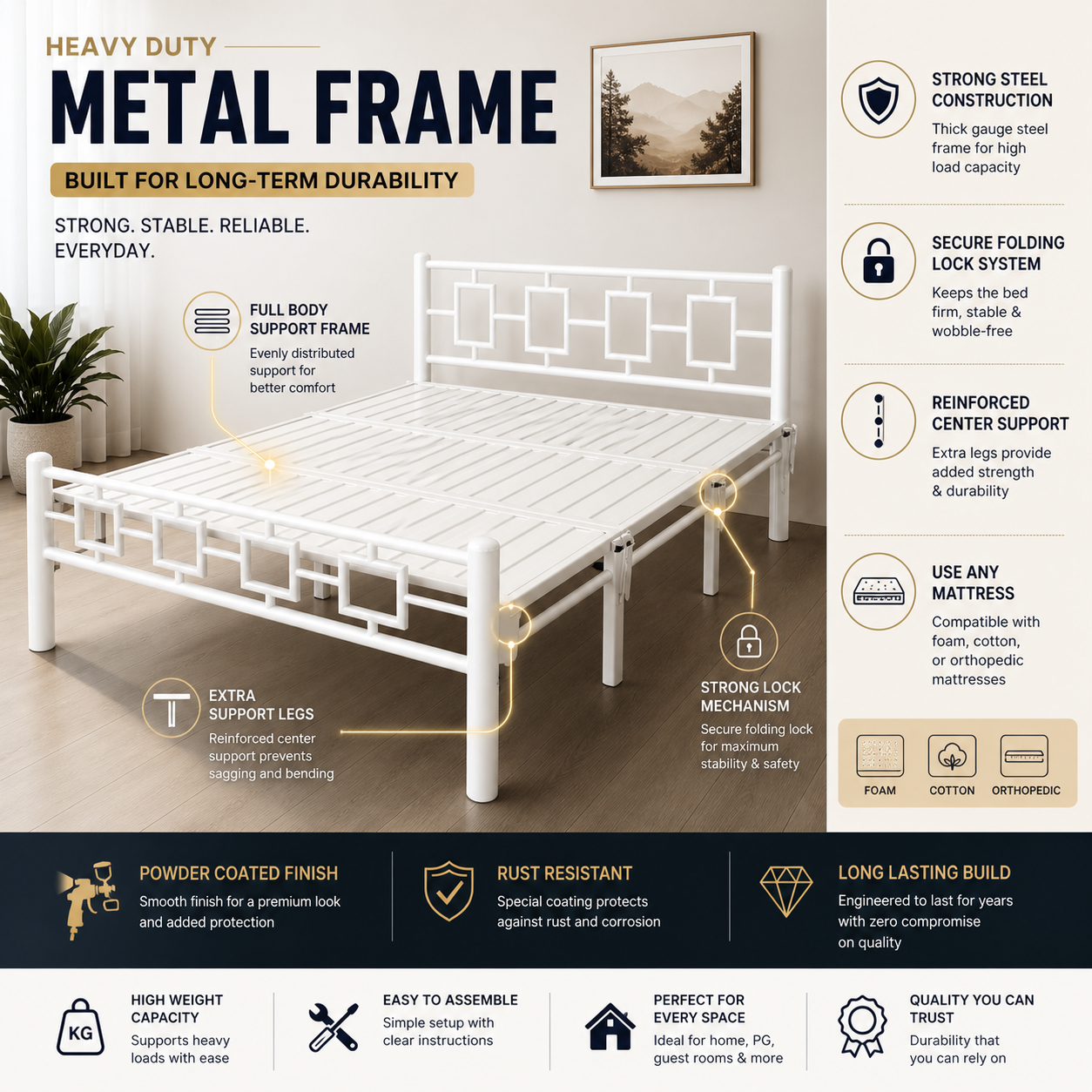 Modern Style White Queen Foldable Bed 6x4ft  | Foldura