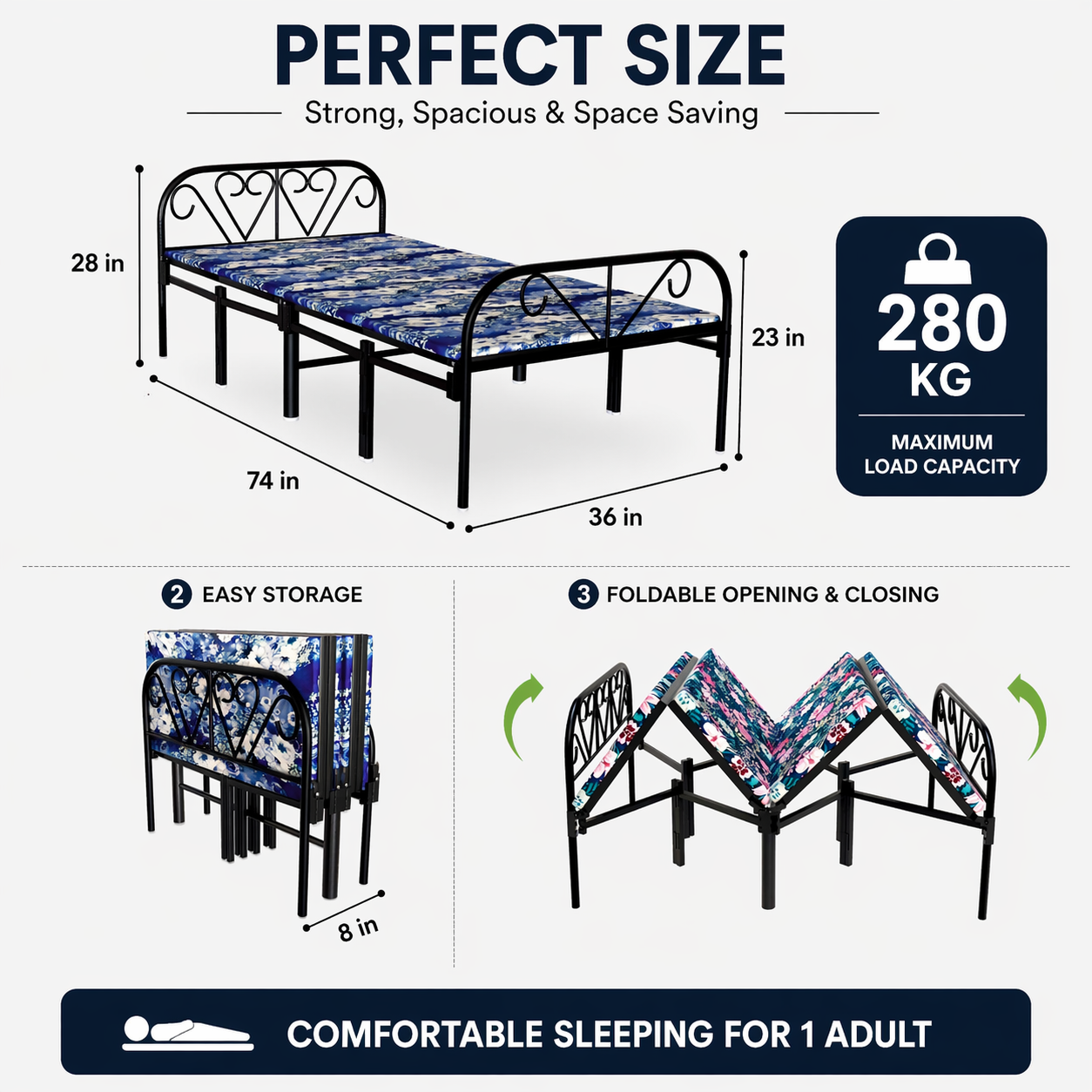 Foldable Bed with Hard Cushion – Multi Color| Foldura