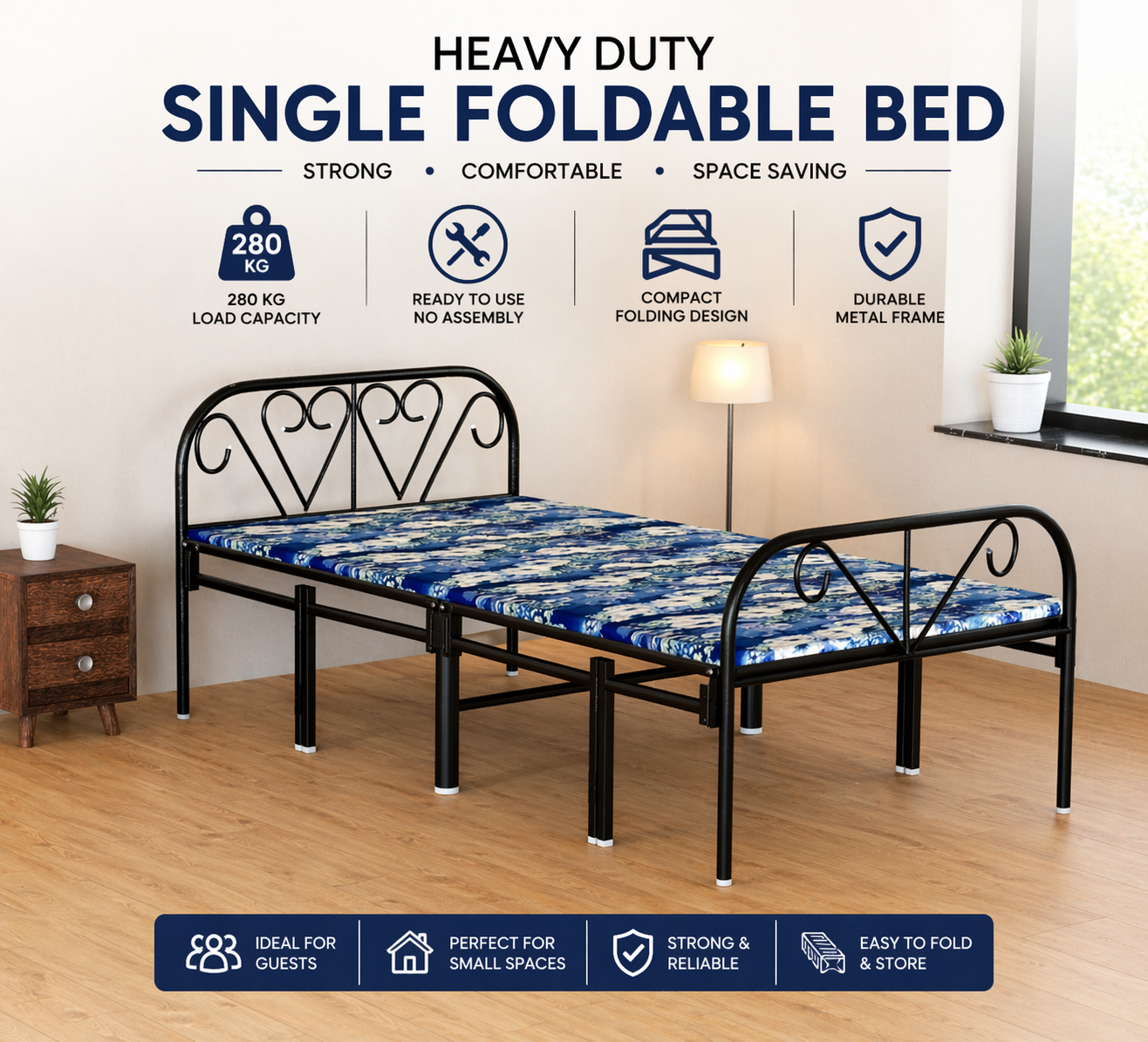 Foldable Bed with Hard Cushion – Multi Color| Foldura