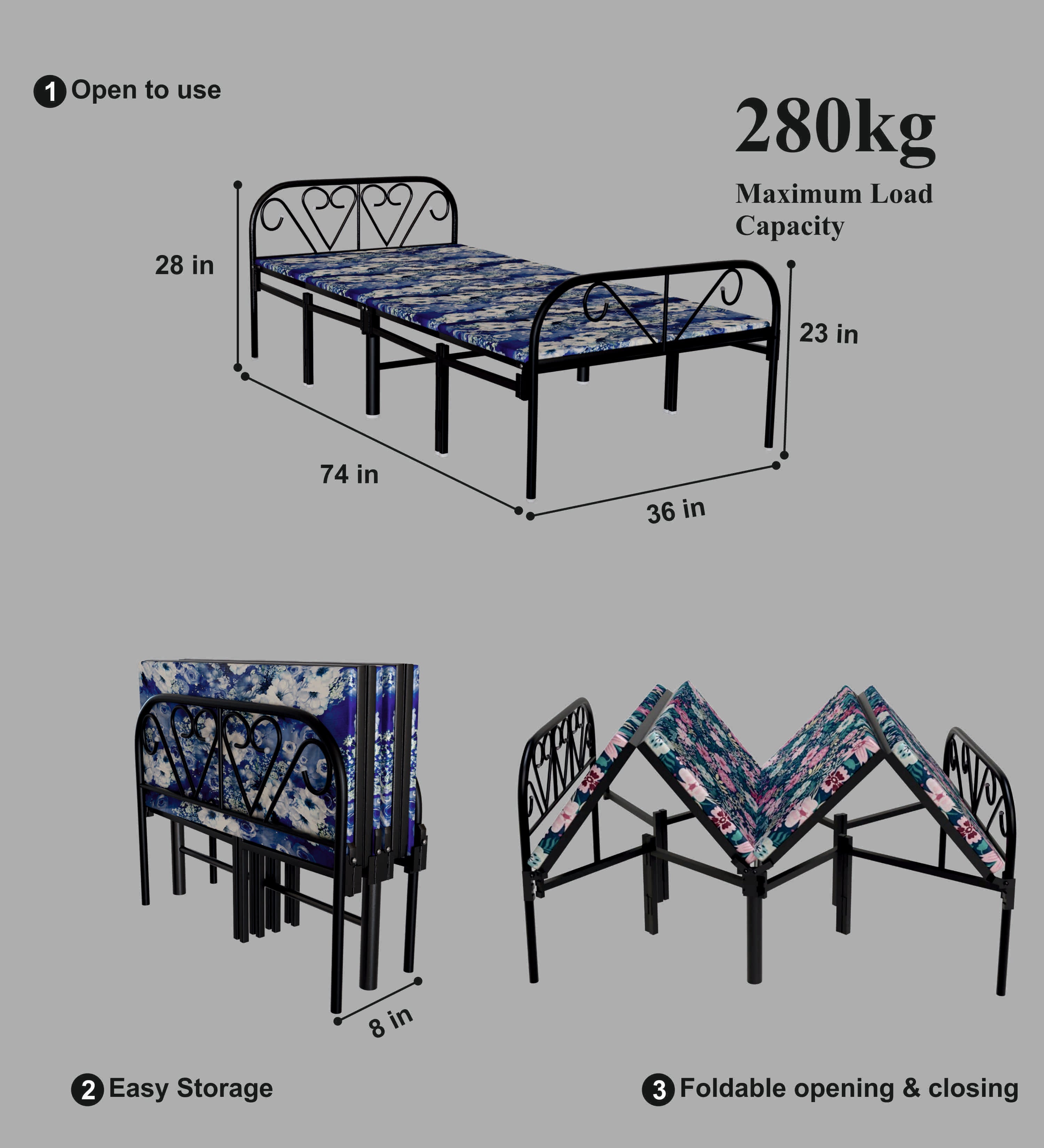 Single Foldable Bed Black with Black Hard Mattress | Foldura