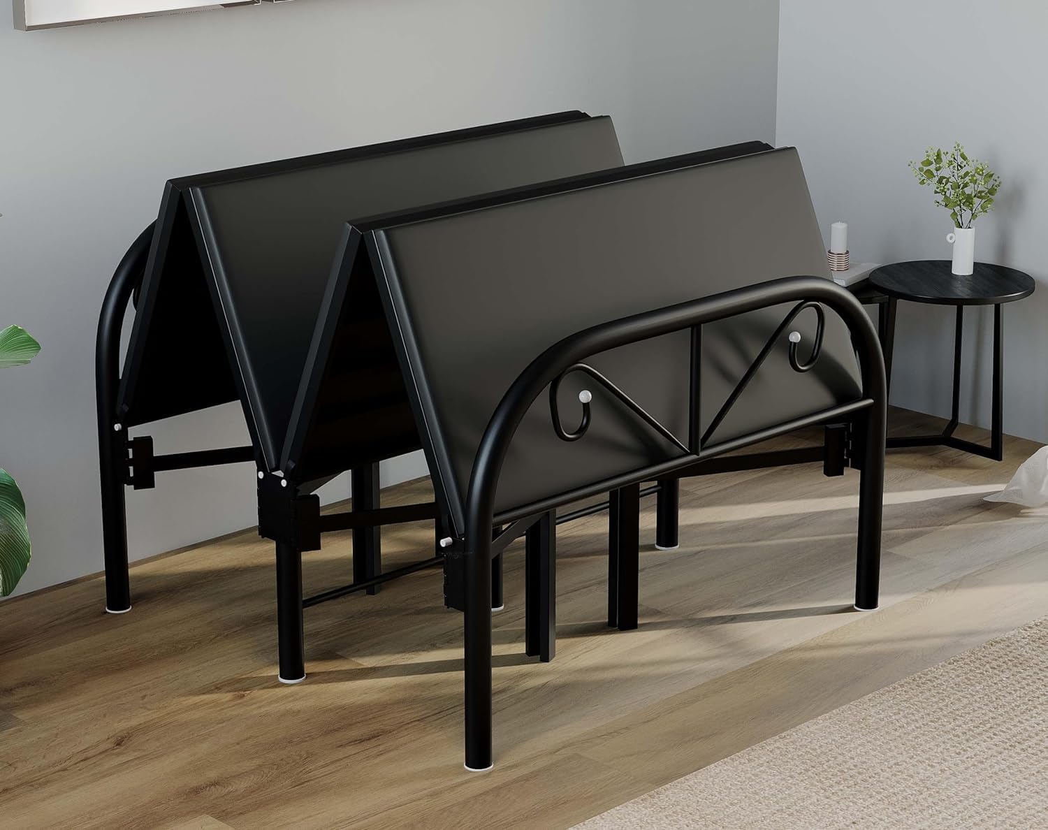 Single Foldable Bed Black with Black Hard Mattress | Foldura