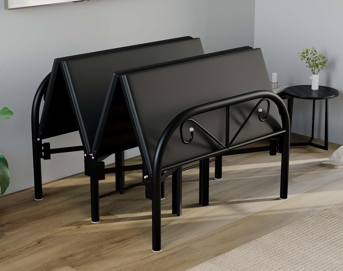 Single Foldable Bed Black with Black Hard Mattress | Foldura