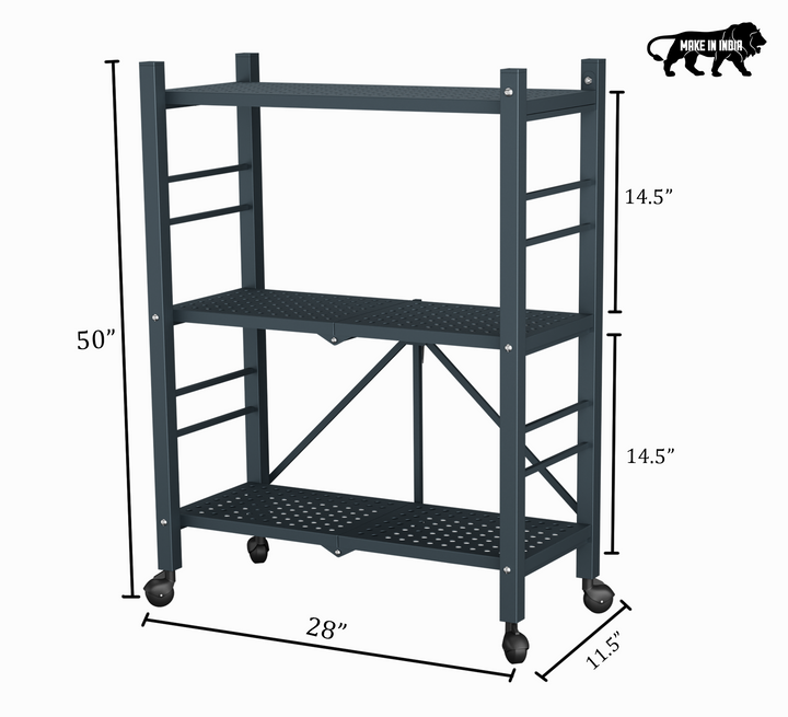 3-Tier Folding Metal Shelf with Wheels | Foldura
