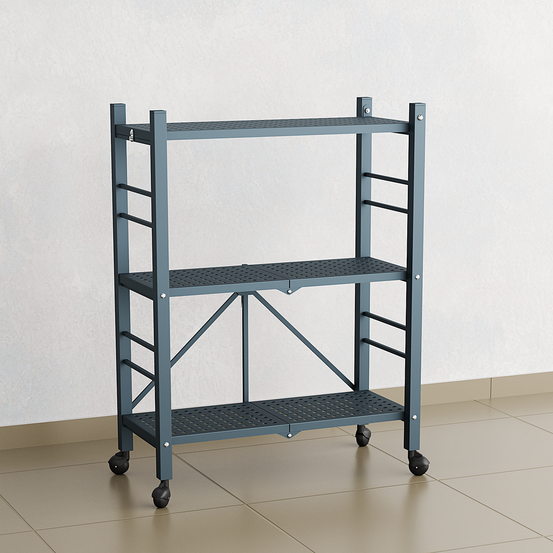 3-Tier Folding Metal Shelf with Wheels | Foldura