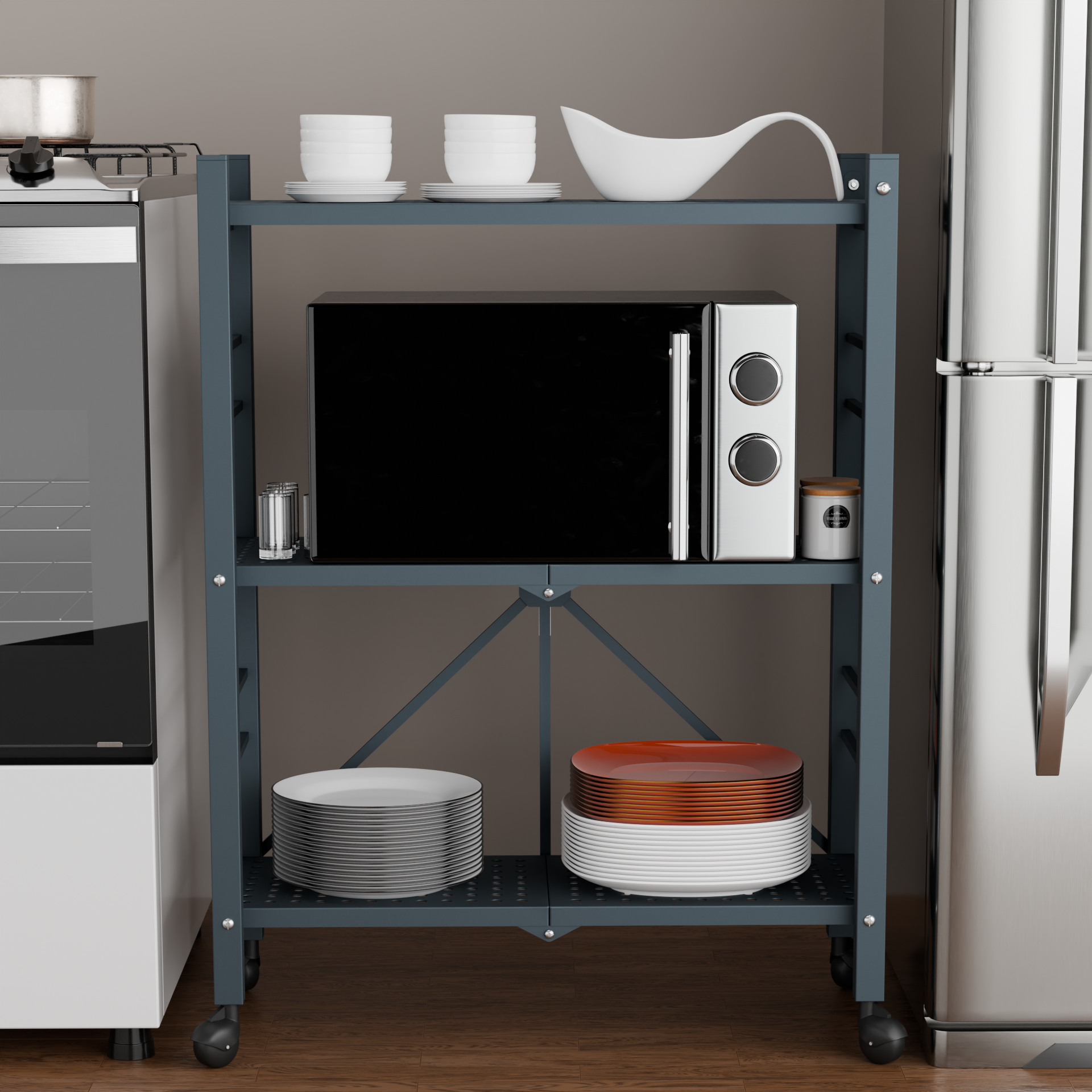 3-Tier Folding Metal Shelf with Wheels | Foldura