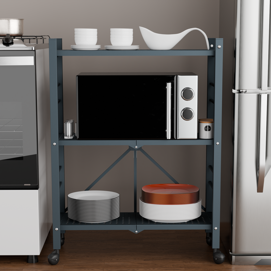 3-Tier Folding Metal Shelf with Wheels | Foldura
