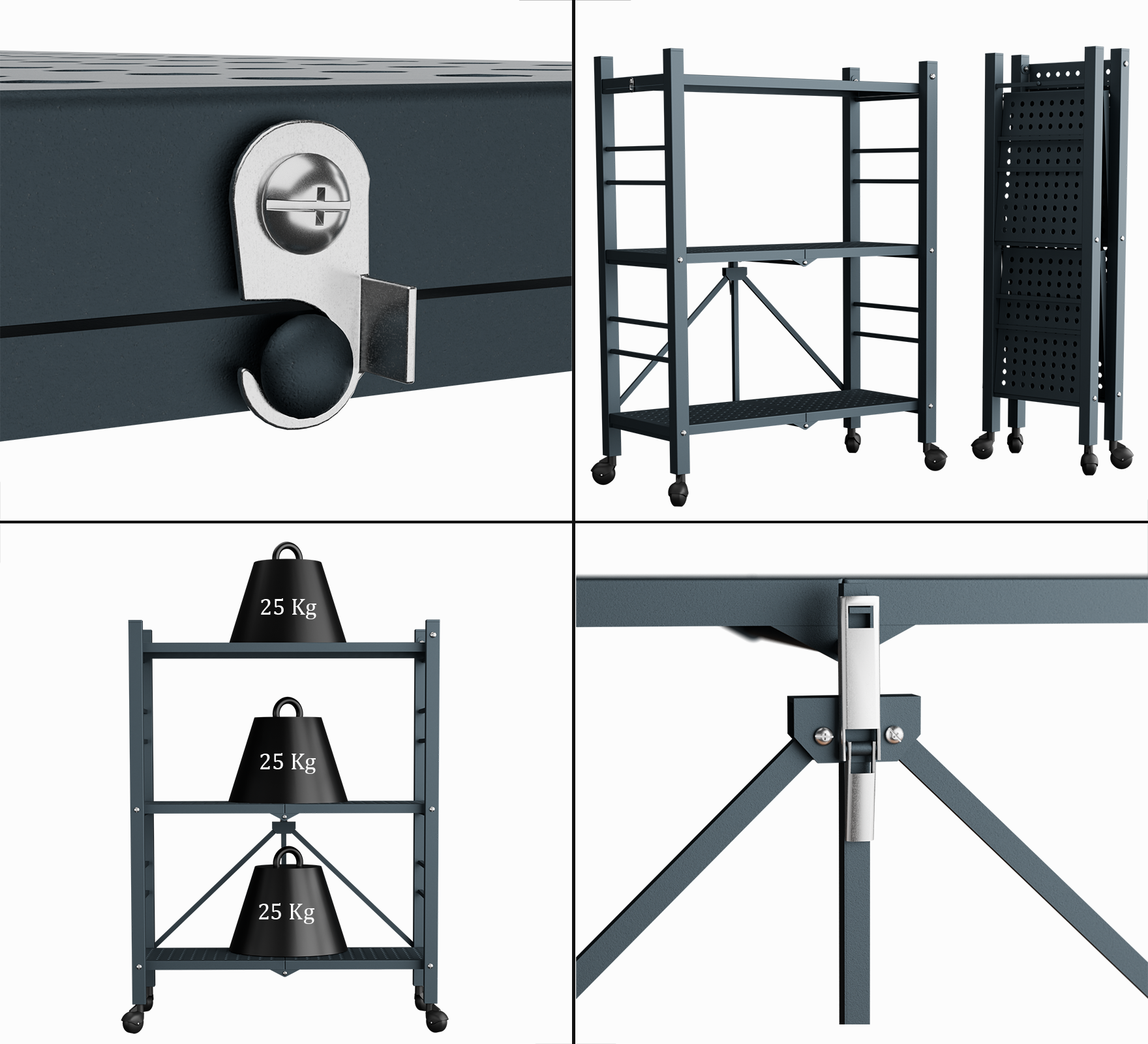 3-Tier Folding Metal Shelf with Wheels | Foldura