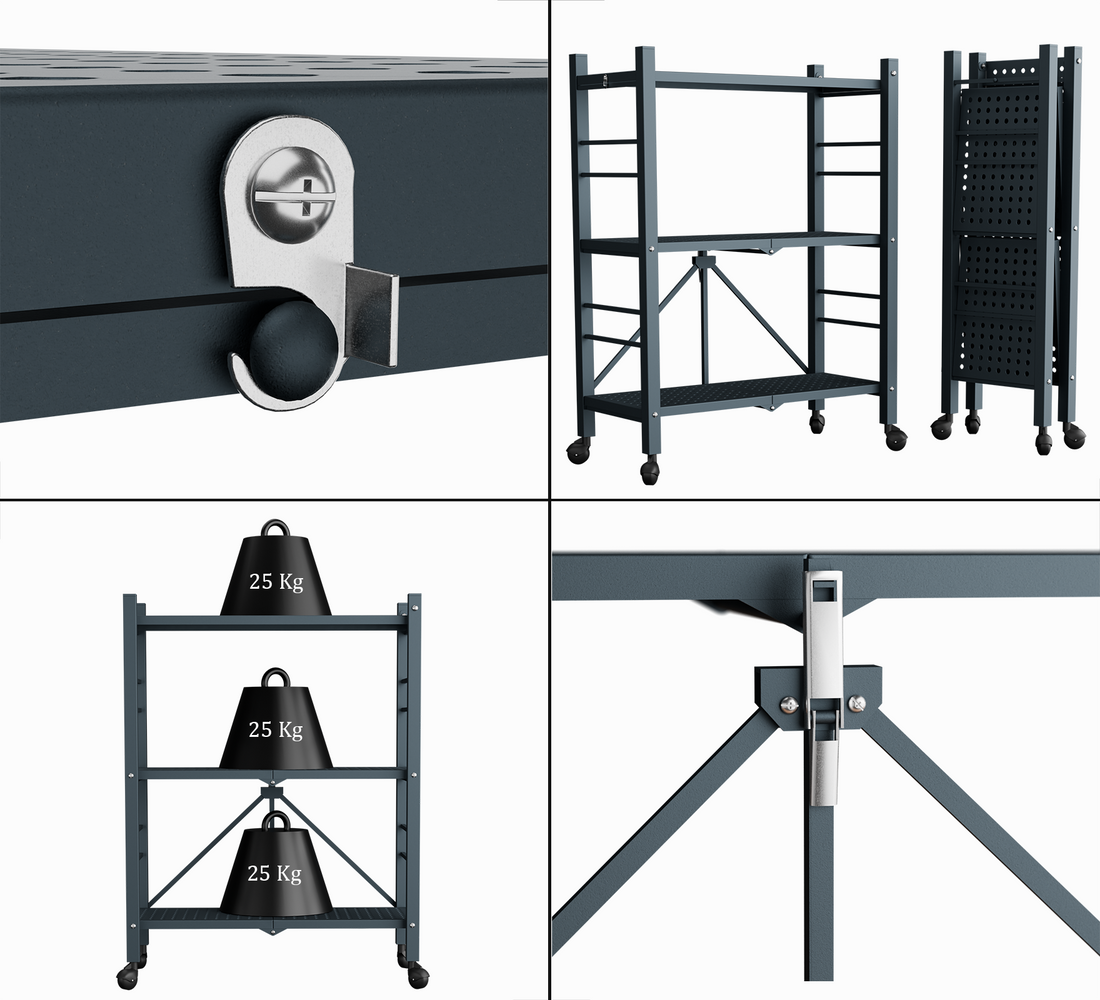 3-Tier Folding Metal Shelf with Wheels | Foldura