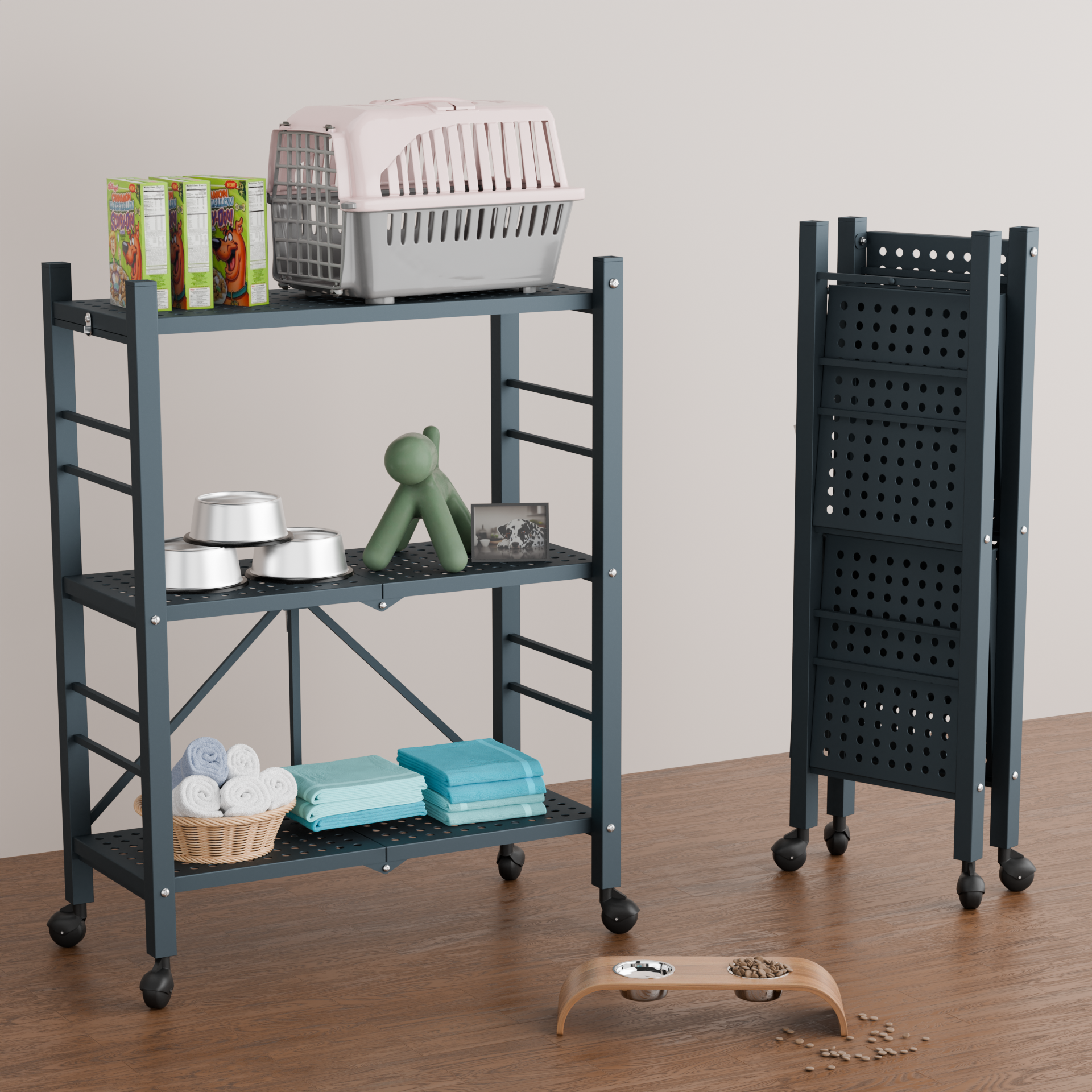 3-Tier Folding Metal Shelf with Wheels | Foldura
