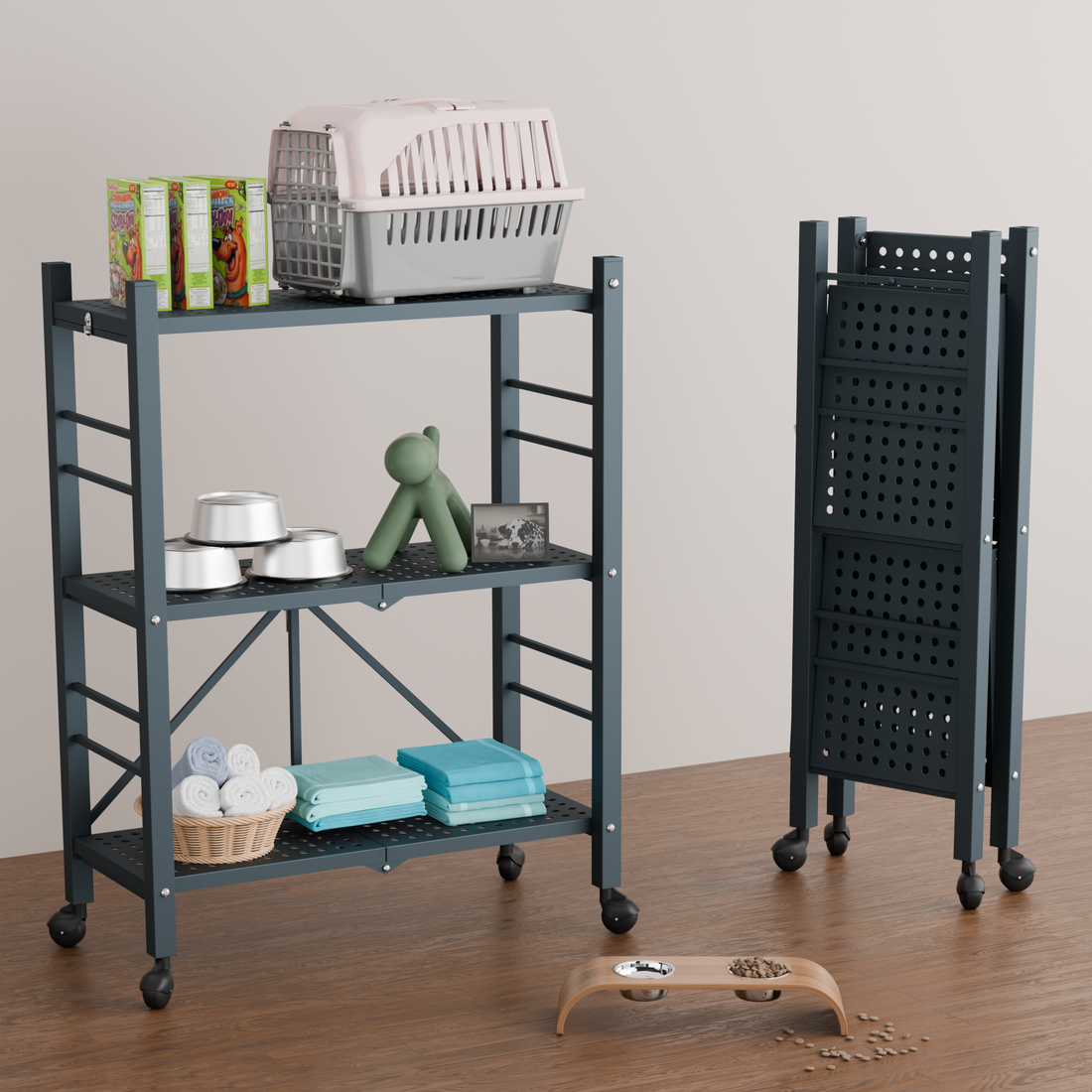 3-Tier Folding Metal Shelf with Wheels | Foldura