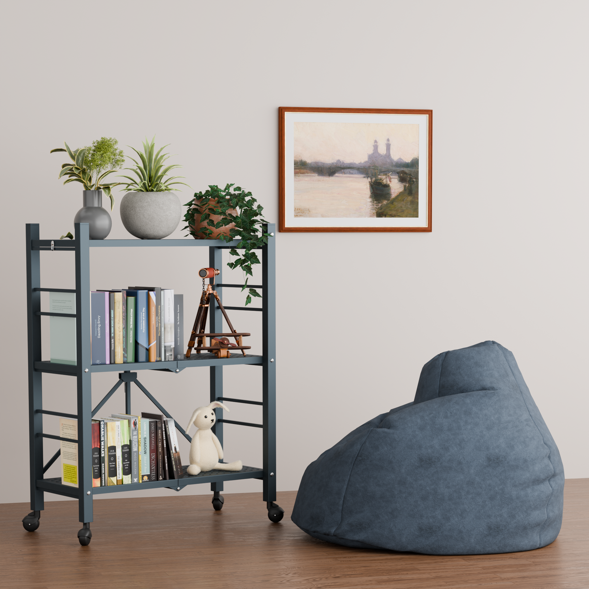 3-Tier Folding Metal Shelf with Wheels | Foldura