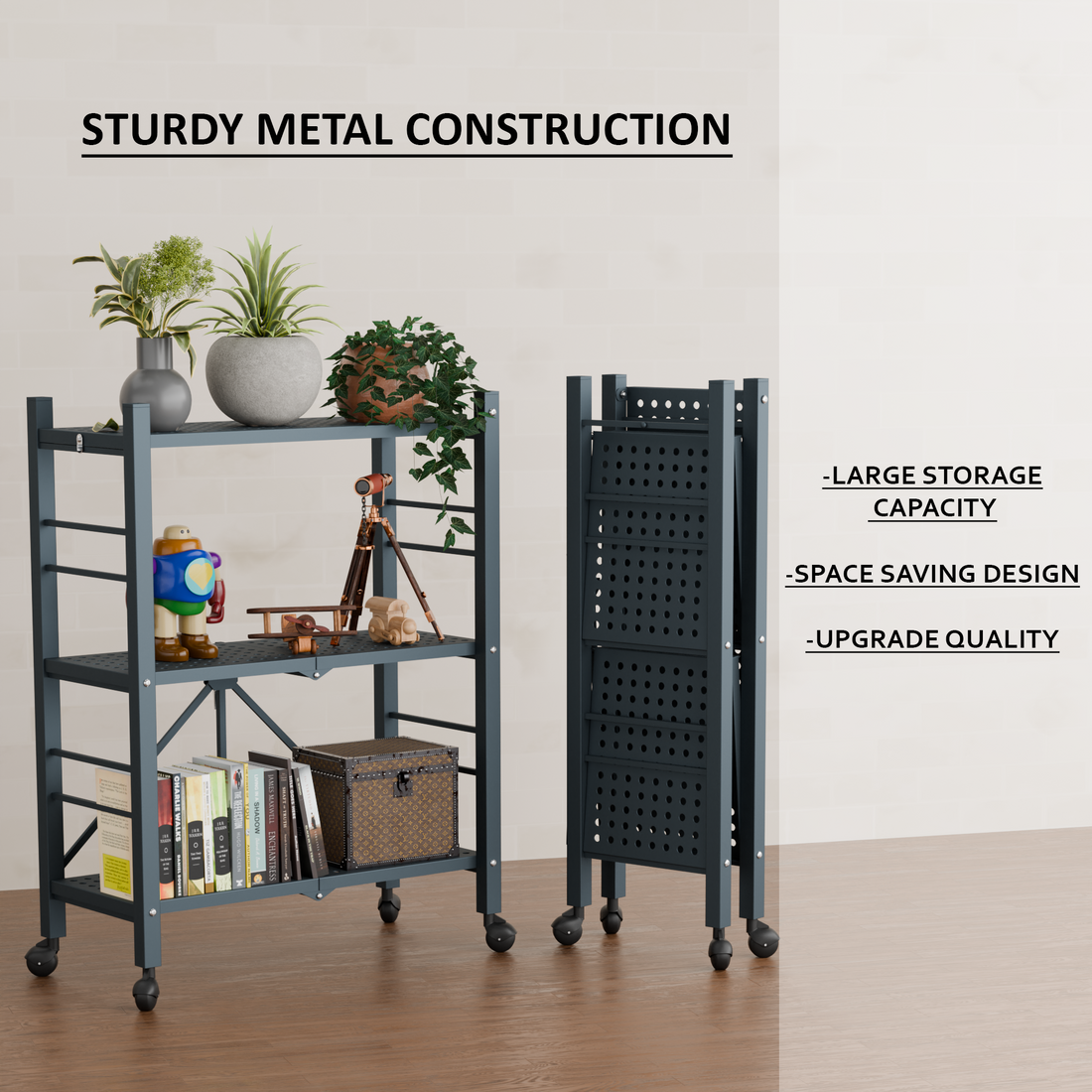 3-Tier Folding Metal Shelf with Wheels | Foldura