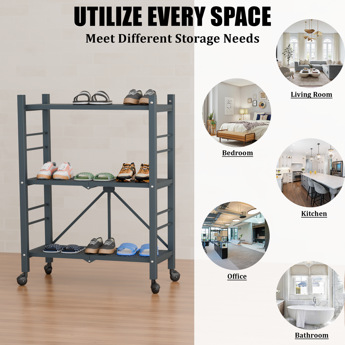 3-Tier Folding Metal Shelf with Wheels | Foldura