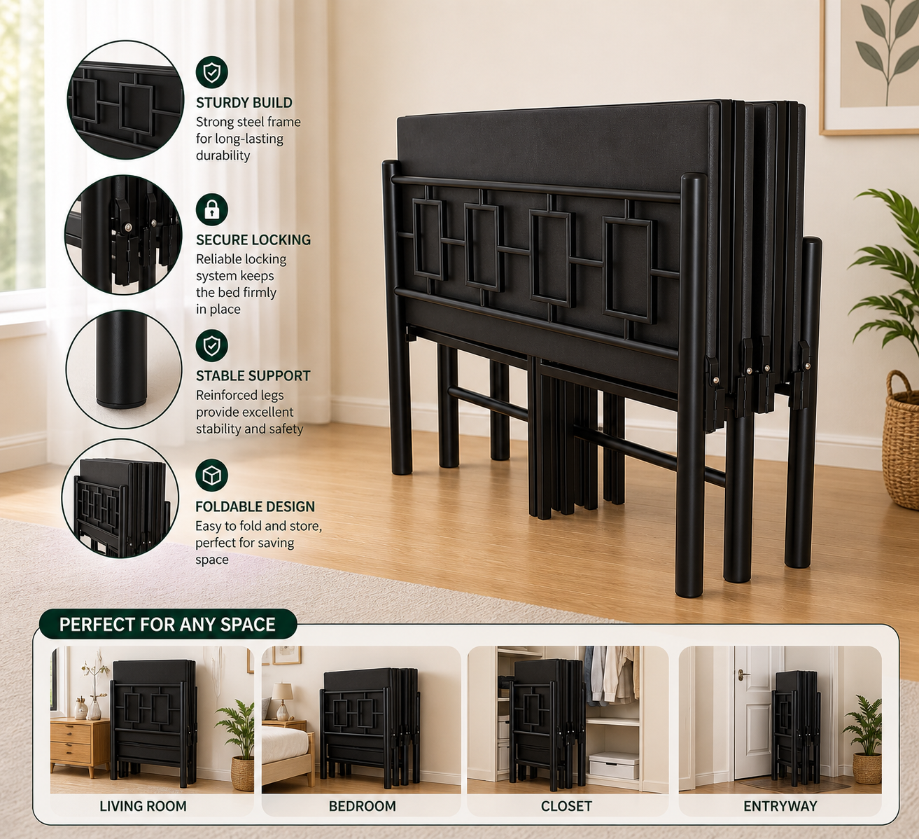Black Queen Foldable Bed with Mattress 6x4ft | Foldura