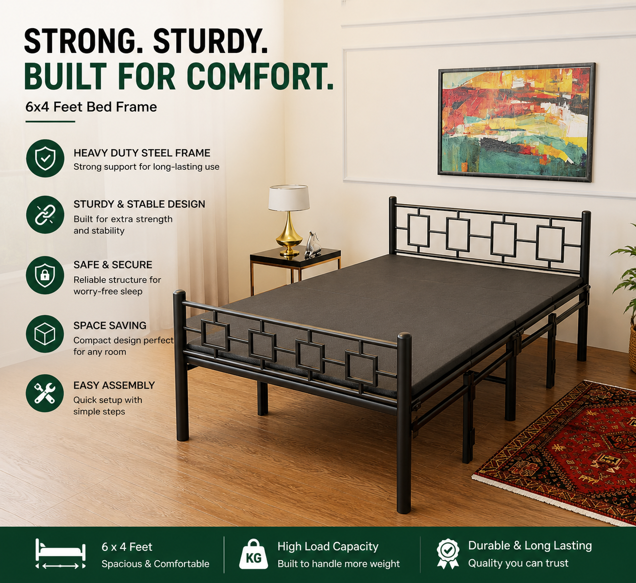 Black Queen Foldable Bed with Mattress 6x4ft | Foldura