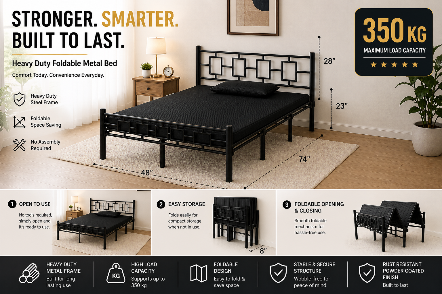 Black Queen Foldable Bed with Mattress 6x4ft | Foldura
