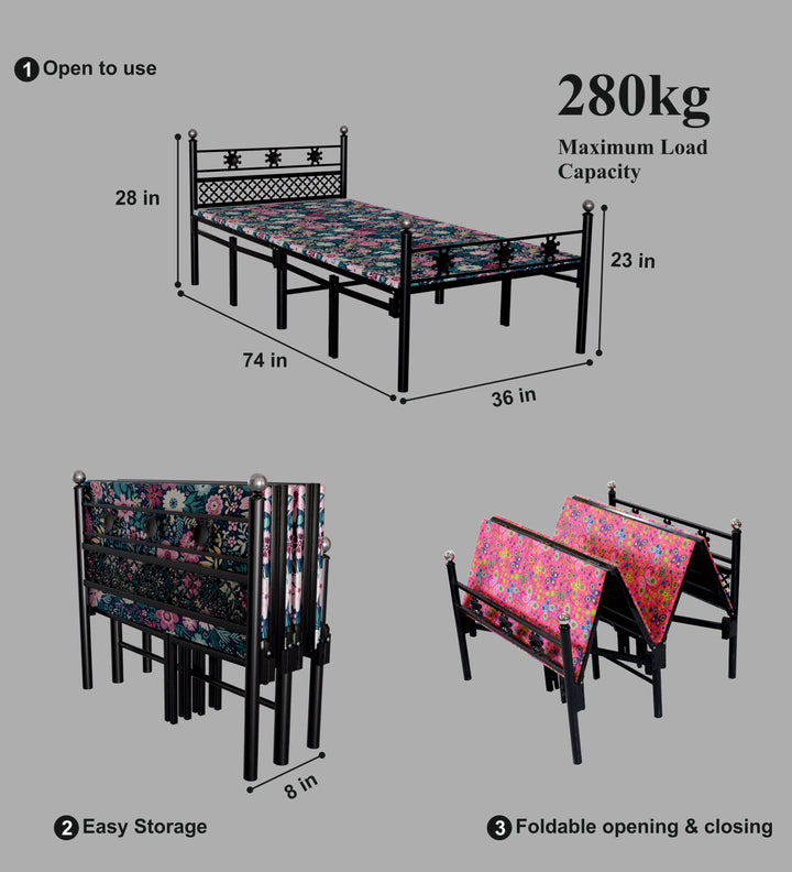 European Style Foldable Bed with Hard Cushion – Black | Foldura