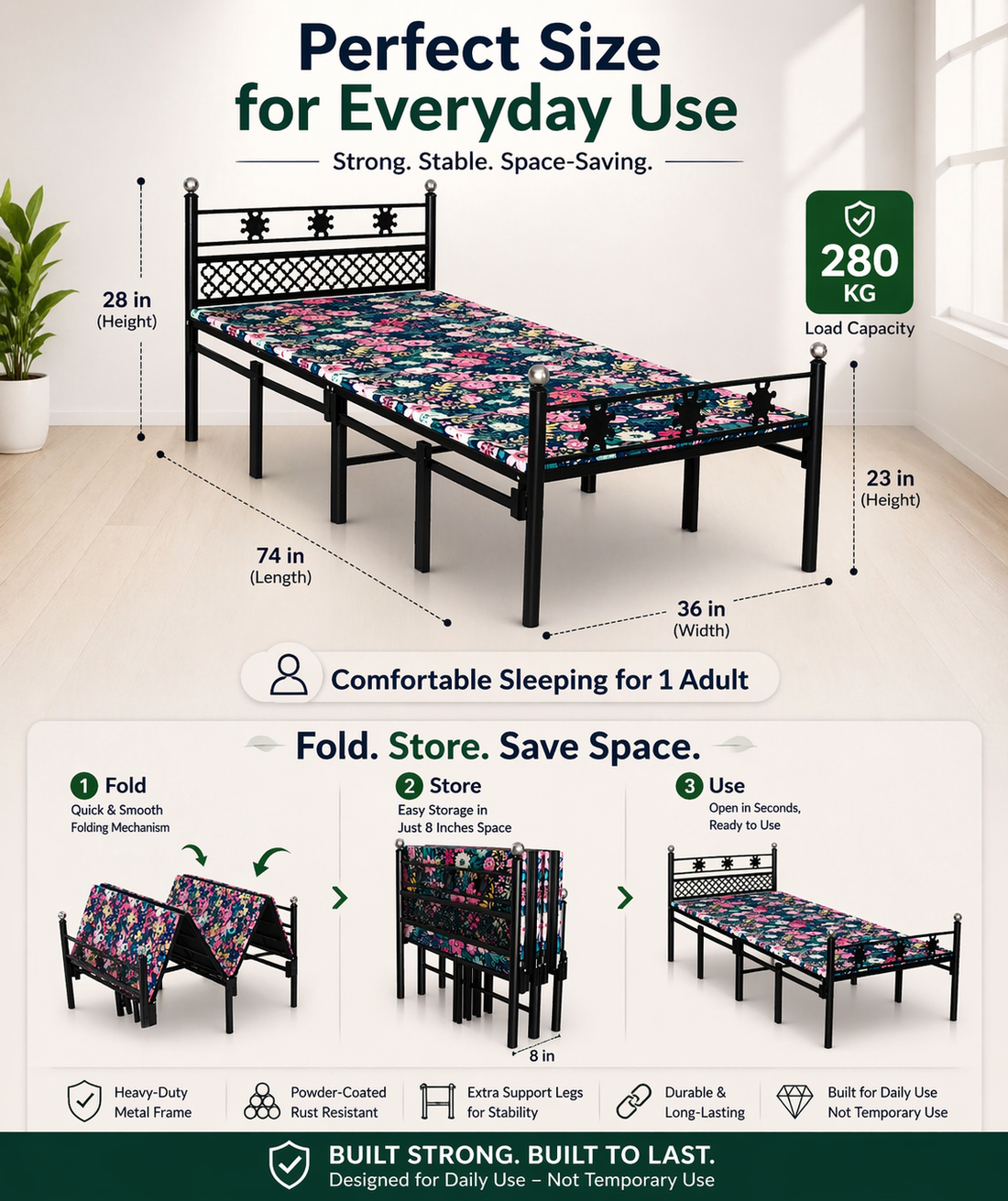 European Style Single Foldable Bed with Hard Mattress 6x3ft | Foldura