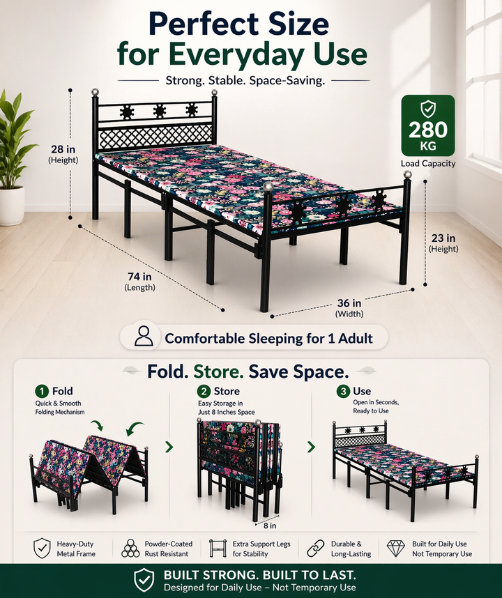 European Style Single Foldable Bed with Hard Mattress 6x3ft | Foldura