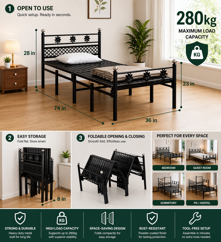 Foldable Single Bed 6x3ft without mat – European Style | Foldura
