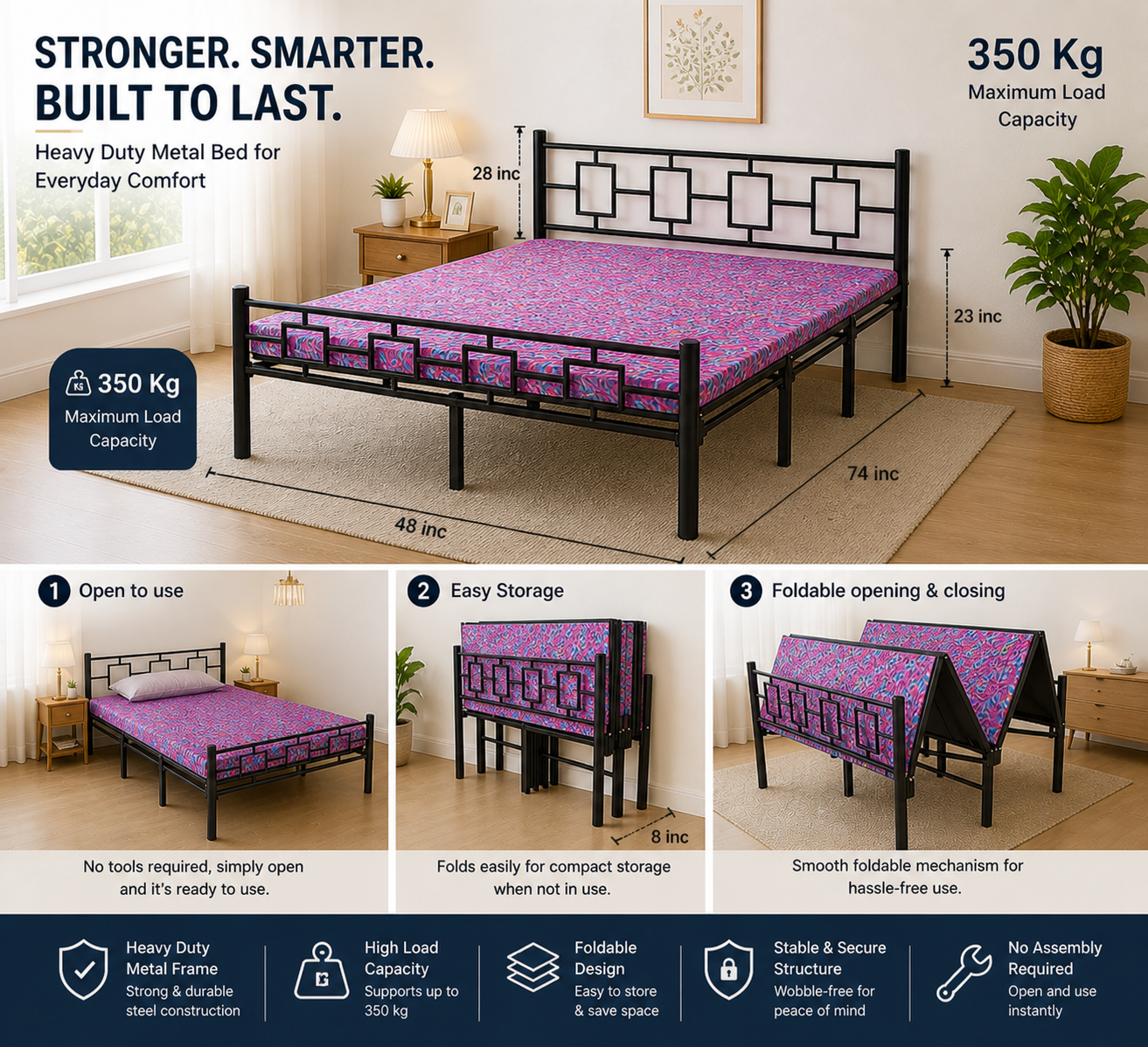Queen Foldable Bed with Mattress 6x4ft | Foldura
