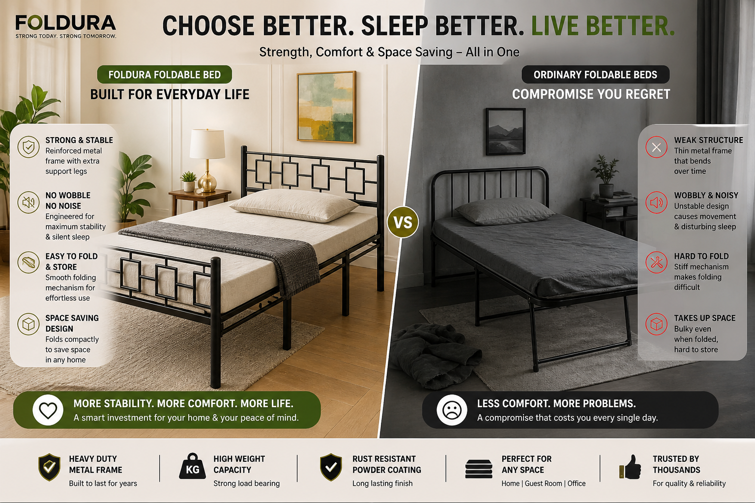Queen Metal Foldable Bed 6x4ft No Mattress | Foldura