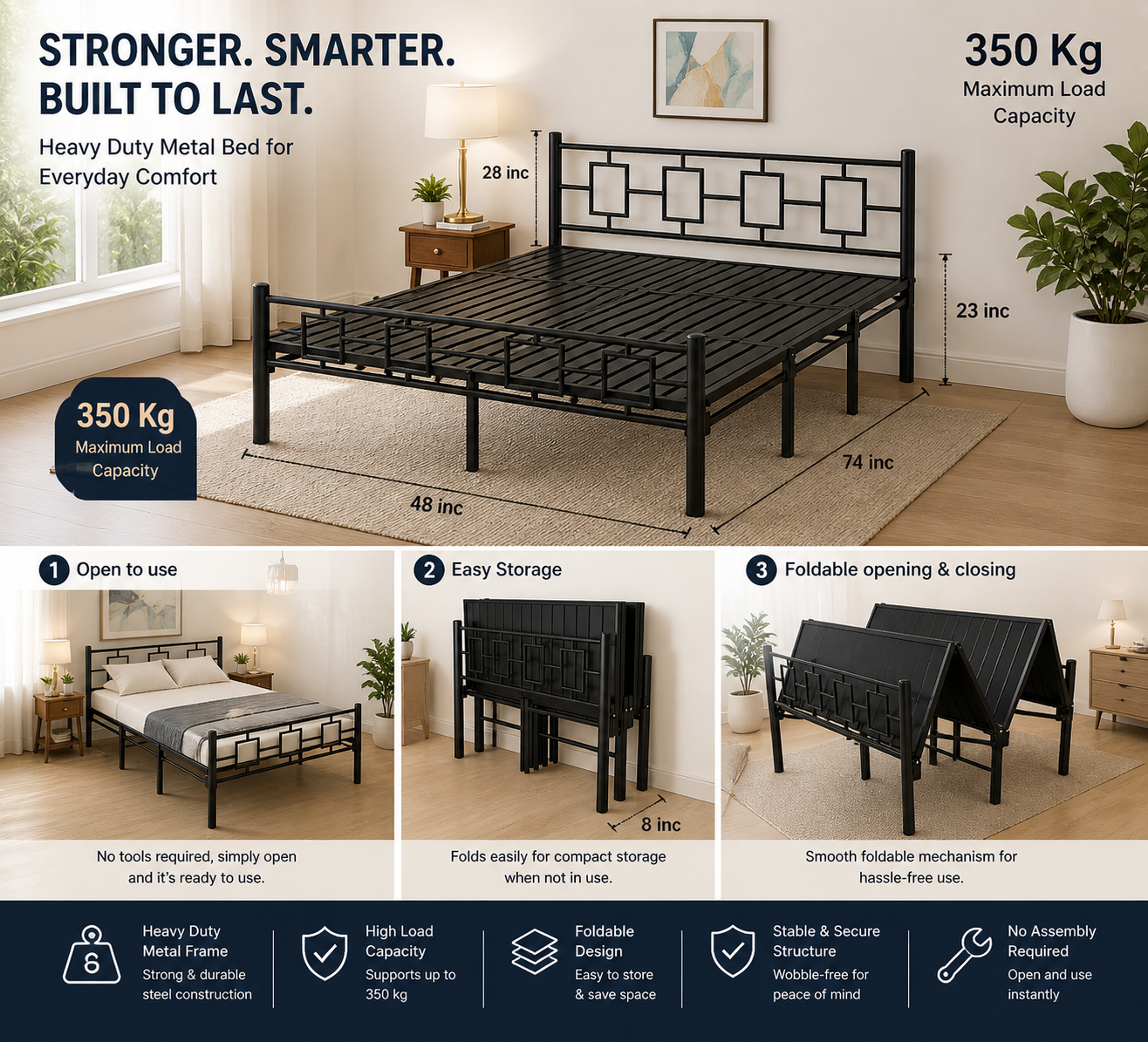 Queen Metal Foldable Bed 6x4ft No Mattress | Foldura