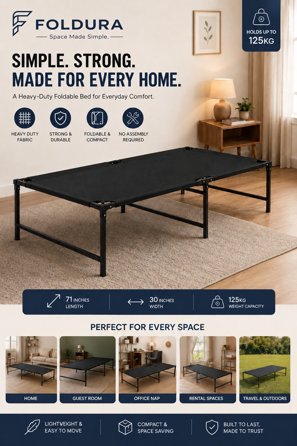 Smart Rest Foldable Single Bed, 6 x 2.5 ft, Black