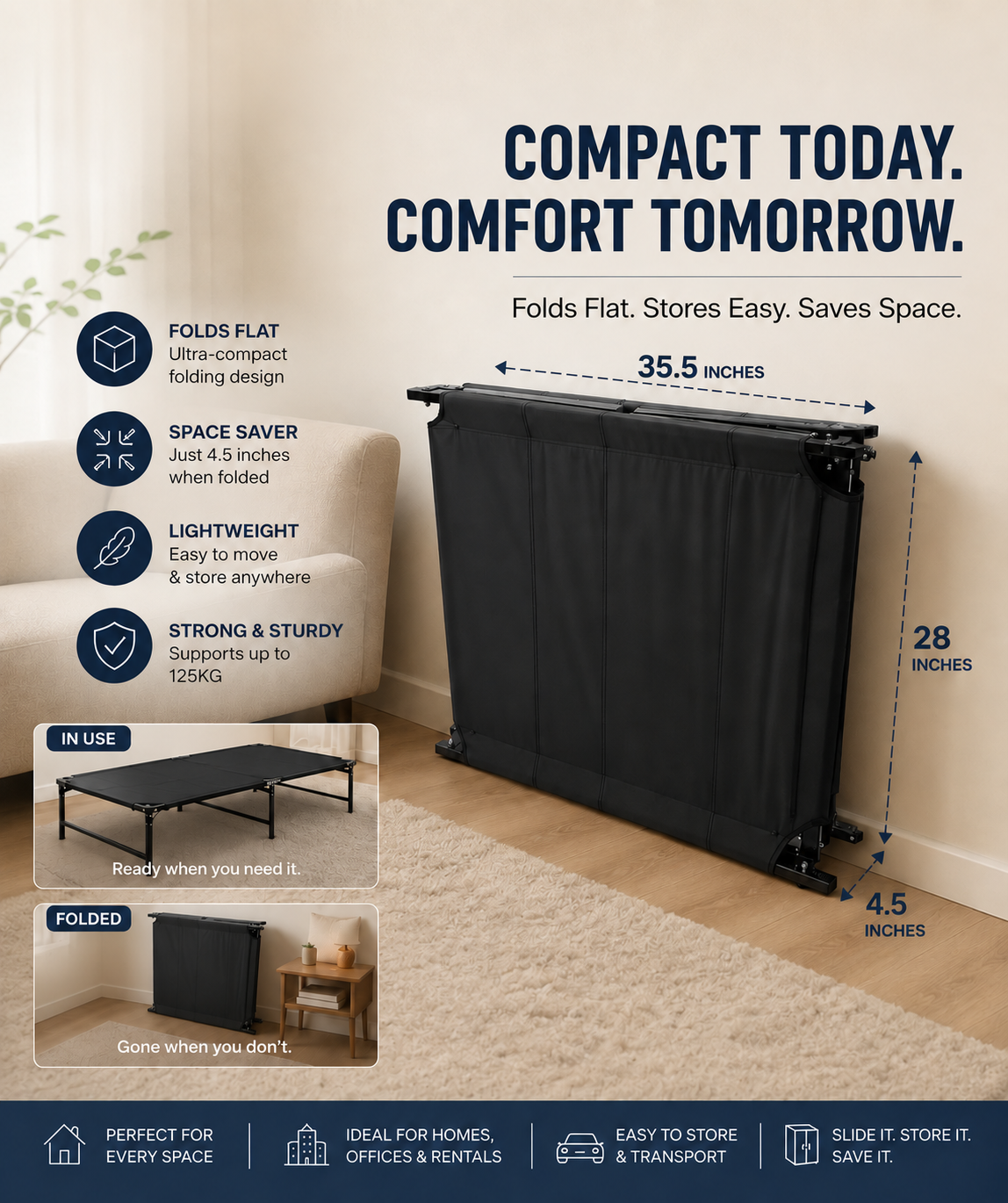Smart Rest Foldable Single Bed, 6 x 2.5 ft, Black